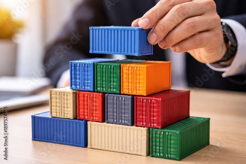 A hand is carefully placing a blue miniature shipping container onto a colorful stack of tiny cargo boxes, illustrating global logistics and supply chain.