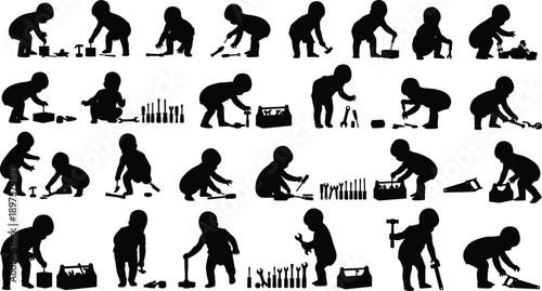 Baby silhouette playing with tools set, toddler fixing and building poses, childhood learning and pretend work illustration isolated on white background