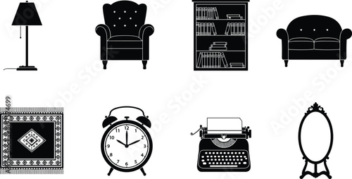 Living Room Furniture and Home Decor Objects Silhouette Vector Set