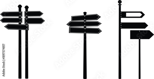 Set of blank black directional road signpost silhouettes isolated on white background