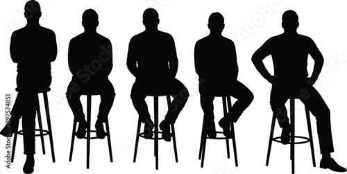 Vector Silhouette Set of Business Men Sitting on High Bar Stools in Different Poses for Interior Design and Corporate Presentation 