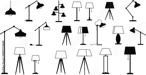 Large Vector Collection of Modern Interior Lamp Silhouettes Featuring Floor Lamps Table Lights Desk Task Lighting and Decorative Furniture Elements Set (Exactly 21 words)