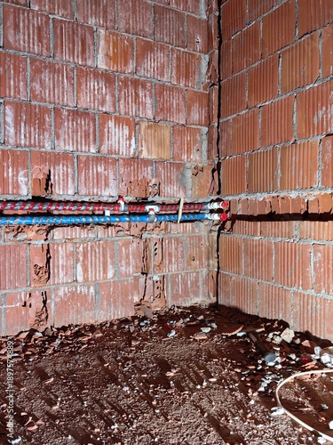 Construction site with plumbing. Plastic pipes coated with insulation, installation of water pipes in the wall