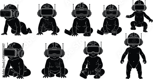 Baby silhouette wearing virtual reality headset, futuristic toddler technology concept, child poses with VR goggles illustration isolated on white background