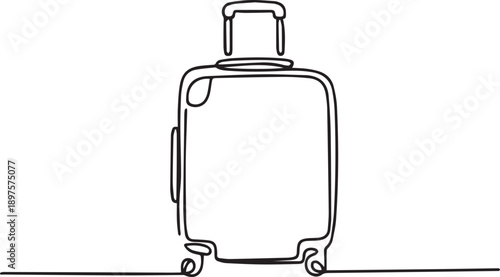 A single continuous line drawing of a wheeled suitcase with a retractable handle on a simple background