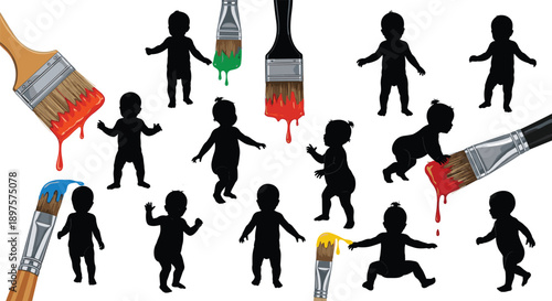 Baby silhouette with paint brush, creative child art concept, toddler movement poses and colorful painting illustration isolated on white background