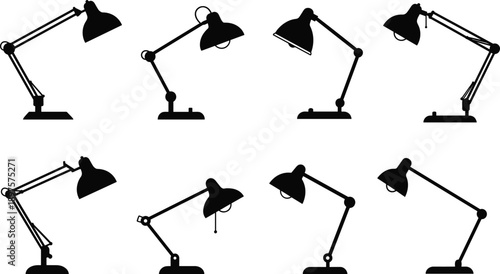 Set of adjustable desk lamp silhouettes in different positions, office table lamp vector icons.