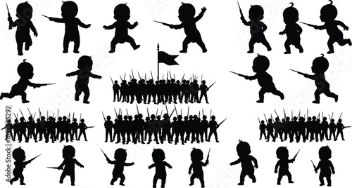 Baby soldier silhouette set with toy army poses, playful toddler warrior concept and marching figures illustration isolated on white background