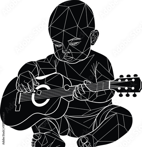 Child playing guitar silhouette illustration, kid musician with acoustic guitar, creativity, music learning, childhood talent, low poly black artwork