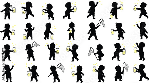 Child silhouette catching fireflies, playful kids holding jar and net, childhood summer activity illustration isolated on white background