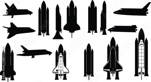 Space shuttle silhouette icons – black vector illustrations of spacecraft, rockets, and launch systems for aerospace, science, and technology projects