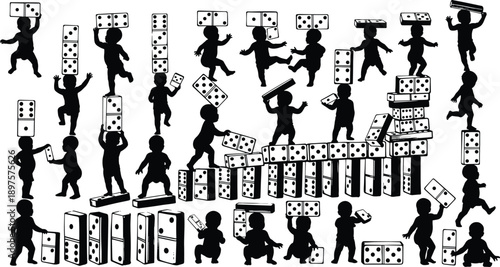 Children playing with domino blocks silhouette set, kids logic and problem solving illustration, early learning and math concept, black vector isolated