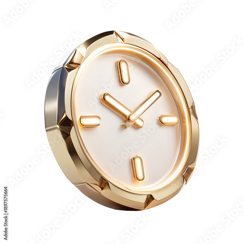 Elegant 3d golden clock with a pristine white dial and faceted luxurious bezel