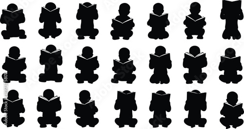Children reading books silhouettes, kids literacy and early education concept, focused learning, imagination development, childhood study, black silhouette illustration