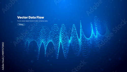 Abstract blue vector background featuring digital data flow wave of glowing particles. Future technology sci-fi helix structure for science business web banner.