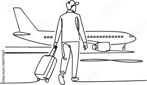 Man with luggage walking towards an airplane on the tarmac