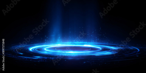 Blue neon ring. Presentation podium. Digital. Glow effect. Portal. New technologies.