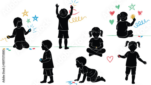 Children silhouette drawing with chalk and crayon, creative kids art activity poses, childhood imagination illustration isolated on white background