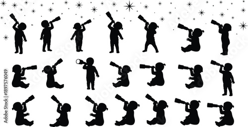 Children silhouette stargazing with telescope, kids exploring night sky and stars, childhood curiosity and astronomy illustration isolated on white background