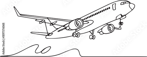 Airplane landing on a runway, with mountains in the background, viewed from the side, in a simple line art style