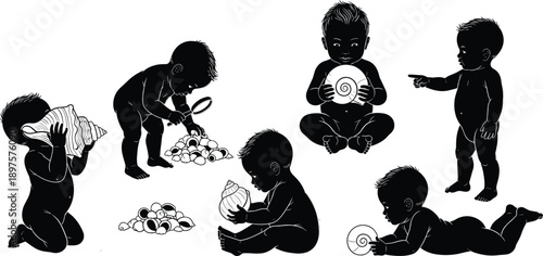 Curious baby exploring seashells silhouette set, infant discovery and learning illustration, childhood curiosity concept, black vector isolated on white