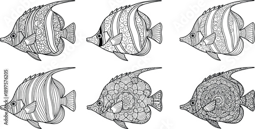 Decorative black and white tropical fish illustration set, intricate zentangle patterns, ornamental marine life, hand drawn vector art