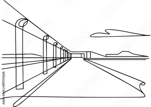 Perspective drawing of a long pier with pillars extending into the sea