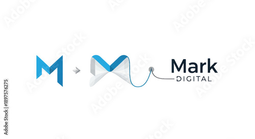 Logo design featuring a blue and gray M-style mark with a flowing swoosh, conveying modern branding and digital identity.