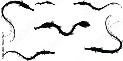Eel fish silhouette illustrations set, flowing aquatic motion designs, marine sea creatures, ocean wildlife art, black silhouette graphic collection