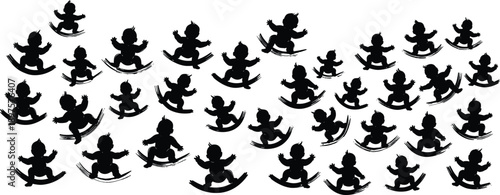 Happy baby rocking silhouette set, infant balance and movement illustration, playful childhood activity concept, joy and fun, black vector isolated