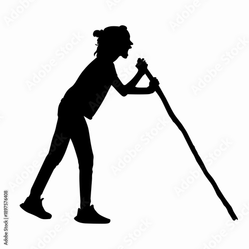 Lost in a forest girl is leaning on a stick and screams for help