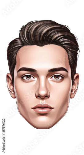 Portrait illustration of a young man with calm expression and styled hair in a clean, modern design.