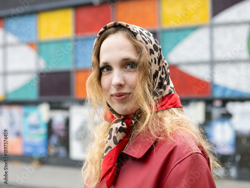 Wallpaper Mural Romantic urban moment in Europe. Stylish woman in headscarf enjoying city walk, symbol of love, new connections and travel freedom during a vibrant seasonal getaway. Torontodigital.ca