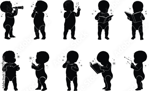 Magical baby silhouette set with books and wand, infant imagination and fantasy learning illustration, childhood creativity concept, black vector isolated