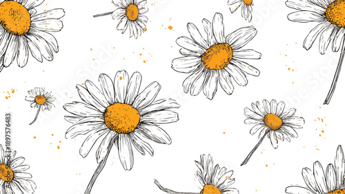 Beautiful Hand Drawn Daisy Flower Seamless Pattern Vector Art and Illustration