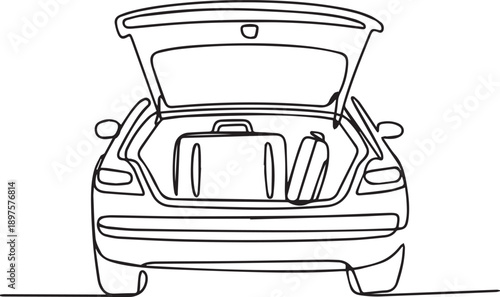 Car trunk open with luggage and bag inside, viewed from behind