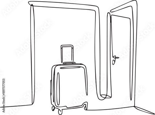 Simple line drawing of a suitcase in a hotel room with an open door viewed from the side