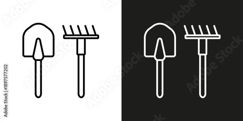 Shovel and rake, garden tools - vector editable line icon.