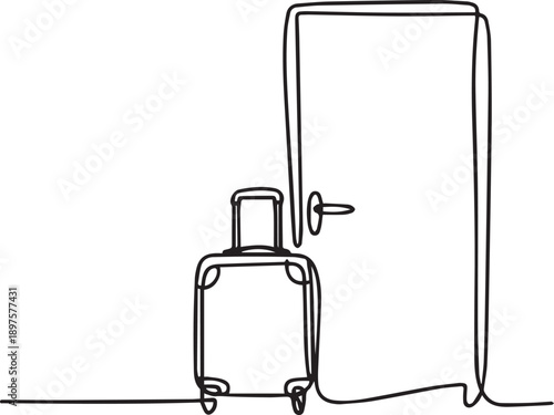 Suitcase standing beside a door handle with a simple outline on a surface