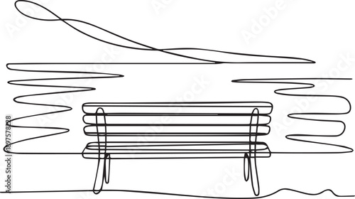 Continuous line drawing of a bench in a serene landscape from a straight-on viewpoint