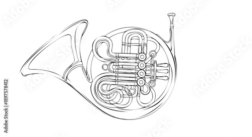 Line drawing of a classical French horn isolated on transparent background