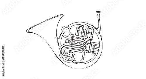 Line drawing of a vintage French horn isolated on transparent background
