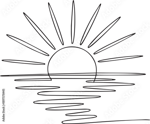 Sunrise over the ocean with calm waves illustration from a distant viewpoint