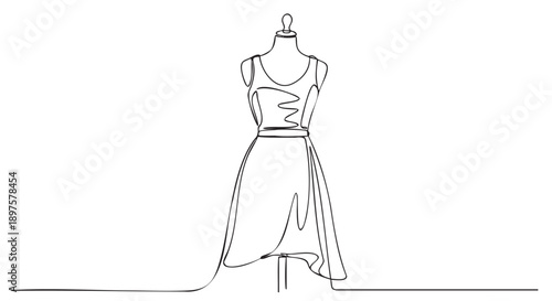 Line drawing of sleeveless wrap dress with side tie detail isolated