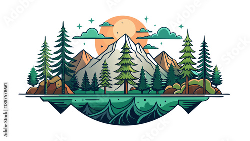 Very beautiful serene forest line art on a white background conveying peace and balance, crafted for modern apparel and nature-inspired designs.
