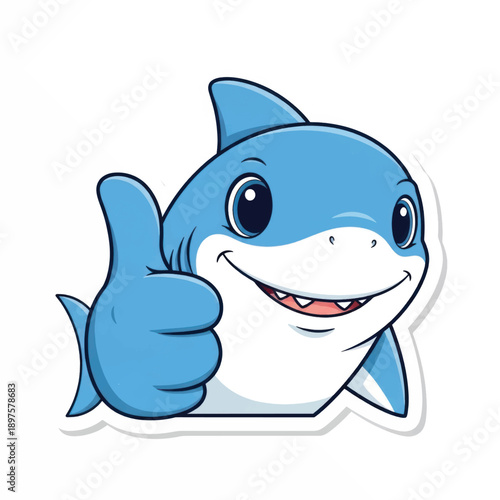 Friendly cartoon blue shark giving a thumbs up in a cheerful illustration.
