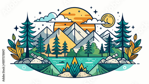 Very beautiful serene forest line art on a white background conveying peace and balance, crafted for modern apparel and nature-inspired designs.
