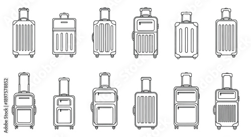 Collection of twelve different rolling suitcase outlines.