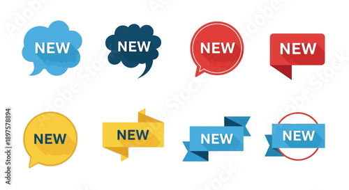 Assorted colorful speech bubbles indicate a new product.