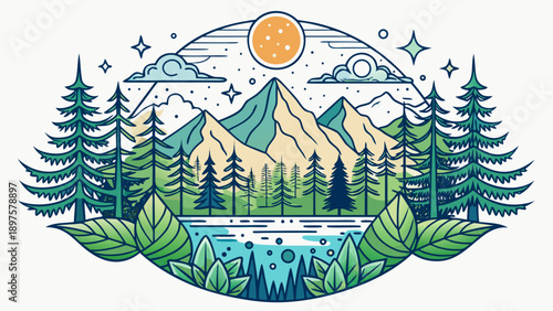 Very beautiful serene forest line art on a white background conveying peace and balance, crafted for modern apparel and nature-inspired designs.
